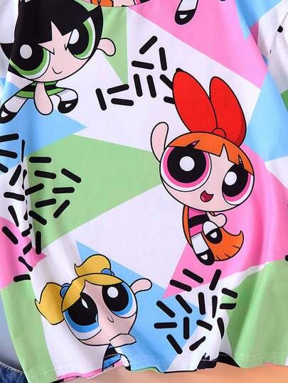 ملابس بناتي THE POWERPUFF GIRLS X  بلوزة قصيرة الأكمام كاجوال واسعة للصبايا المراهقات بطباعة مثلثات ملونة كرتونية ، صيفي