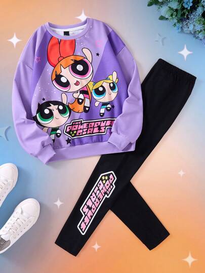 girls sets THE POWERPUFF GIRLS X  طقم بلوزة رياضية بياقة مستديرة ذات طباعة كرتونية أنيقة باللون البنفسجي ولباس ضيق بطباعة حرف أسود للبنات المراهقات