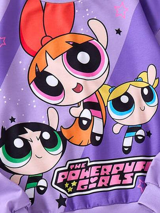 girls sets THE POWERPUFF GIRLS X  طقم بلوزة رياضية بياقة مستديرة ذات طباعة كرتونية أنيقة باللون البنفسجي ولباس ضيق بطباعة حرف أسود للبنات المراهقات