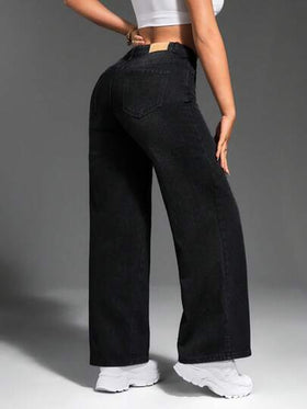 SHEIN SXY بنطلون جينز كاجوال أزرق للنساء، قصة واسعة مستقيمة مع جيوب، عملي ومناسب للأوقات العادية