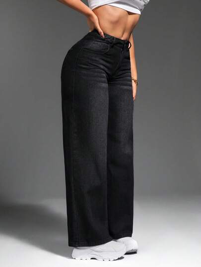 SHEIN SXY بنطلون جينز كاجوال أزرق للنساء، قصة واسعة مستقيمة مع جيوب، عملي ومناسب للأوقات العادية