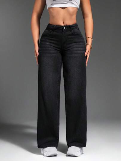 SHEIN SXY بنطلون جينز كاجوال أزرق للنساء، قصة واسعة مستقيمة مع جيوب، عملي ومناسب للأوقات العادية