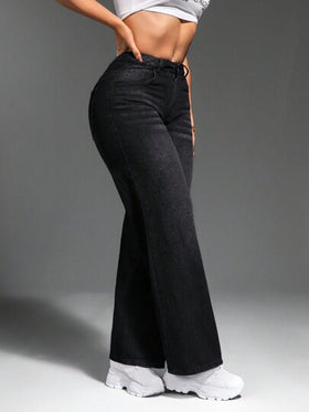 SHEIN SXY بنطلون جينز كاجوال أزرق للنساء، قصة واسعة مستقيمة مع جيوب، عملي ومناسب للأوقات العادية