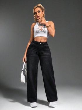 SHEIN SXY بنطلون جينز كاجوال أزرق للنساء، قصة واسعة مستقيمة مع جيوب، عملي ومناسب للأوقات العادية