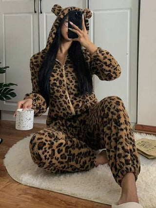EZwear بدلة سروال أنثوية فضفاضة بغطاء رأس بطبعة نمر فاخرة جديدة