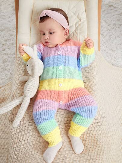 SHEIN رومبير رومبير دافئة مstriped ملونة مصنوعة من الصوف للرضع بنات، خريف/شتاء