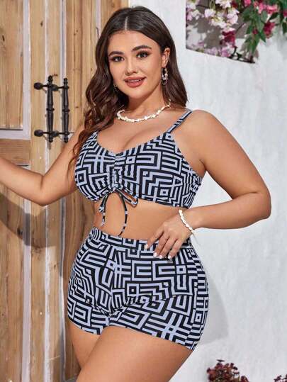 Swim Lushoire مجموعة بيكيني سباحة نسائية مطبوعة بحجم زائد للصيف، عبارة عن 3 قطع