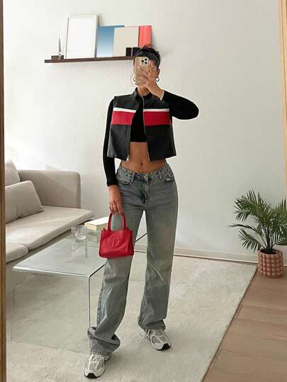 EZwear جاكيت قصيرة سوداء للنساء بقماش اصطناعي من الجلد بأكمام طويلة وسحاب