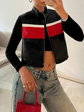 EZwear جاكيت قصيرة سوداء للنساء بقماش اصطناعي من الجلد بأكمام طويلة وسحاب