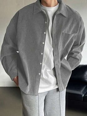 DAZY قميص رجالي بأكمام طويلة وجيب أمامي بلون أحادي فضفاض، ملابس الخريف