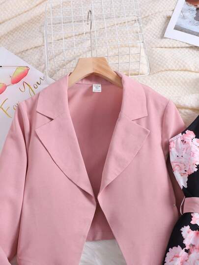 SHEIN طقم بنطلون وسترة للفتيات المراهقات 2 قطعة، جاكيت طويلة الأكمام بياقة مستديرة وهيم غير متماثل باللون الوردي الخريفي، وبنطلون واسع مطبوع بالأزهار إطلالة أنيقة للكاجوال/العمل