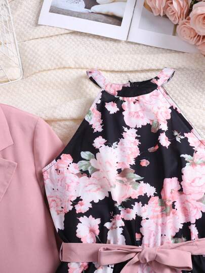 SHEIN طقم بنطلون وسترة للفتيات المراهقات 2 قطعة، جاكيت طويلة الأكمام بياقة مستديرة وهيم غير متماثل باللون الوردي الخريفي، وبنطلون واسع مطبوع بالأزهار إطلالة أنيقة للكاجوال/العمل
