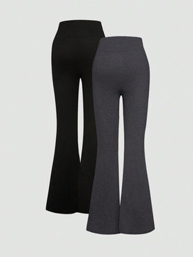 SHEIN EZwear مجموعة من 2 قطعة بنطلون ضيق طرف متسع أسود ورمادي التصميم صليبي على الخصر مناسب للأحجام الكبيرة، مناسب للربيع والخريف