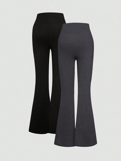 SHEIN EZwear مجموعة من 2 قطعة بنطلون ضيق طرف متسع أسود ورمادي التصميم صليبي على الخصر مناسب للأحجام الكبيرة، مناسب للربيع والخريف