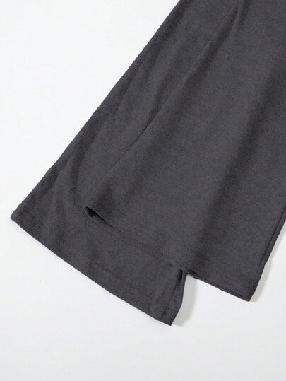 SHEIN EZwear مجموعة من 2 قطعة بنطلون ضيق طرف متسع أسود ورمادي التصميم صليبي على الخصر مناسب للأحجام الكبيرة، مناسب للربيع والخريف