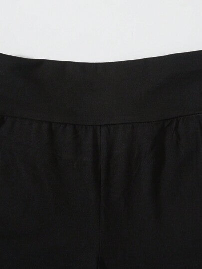 SHEIN EZwear مجموعة من 2 قطعة بنطلون ضيق طرف متسع أسود ورمادي التصميم صليبي على الخصر مناسب للأحجام الكبيرة، مناسب للربيع والخريف