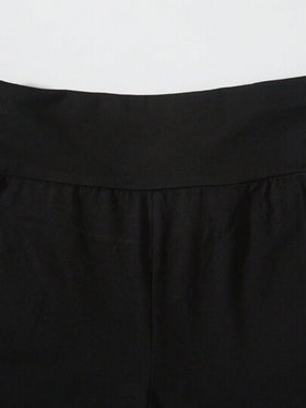 SHEIN EZwear مجموعة من 2 قطعة بنطلون ضيق طرف متسع أسود ورمادي التصميم صليبي على الخصر مناسب للأحجام الكبيرة، مناسب للربيع والخريف