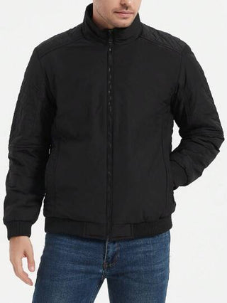 Manfinity Homme معطف كاجوال للرجال ذو ياقة عالية بأحادي اللون، معزّز، شتوي، معطف شتوي فاخر أسود دافئ