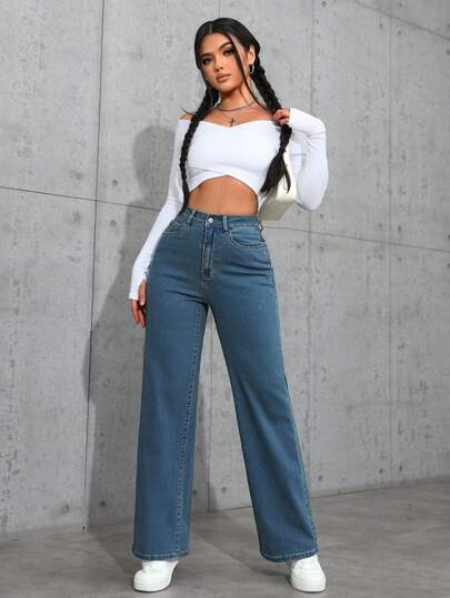 SHEIN ICON جينز مستقيم الساق مغسول بشكل عادي