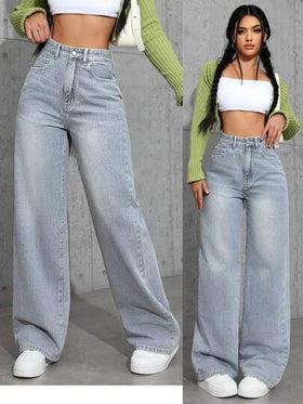 SHEIN EZwear بنطلون جينز نسائي بساق عريضة مرن مع جيوب، كاجول