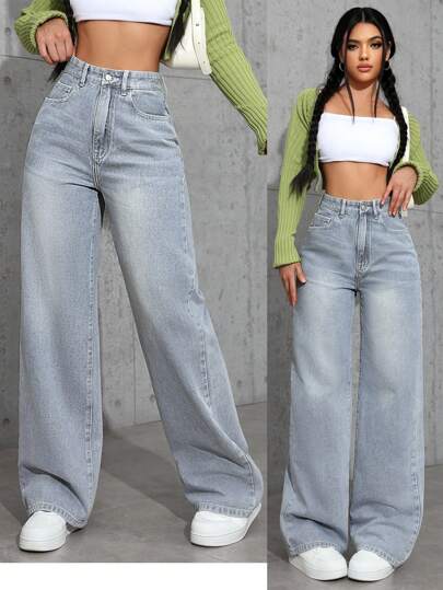 SHEIN EZwear بنطلون جينز نسائي بساق عريضة مرن مع جيوب، كاجول