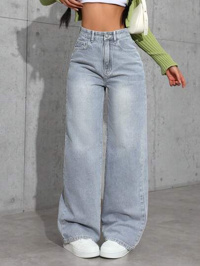 SHEIN EZwear بنطلون جينز نسائي بساق عريضة مرن مع جيوب، كاجول