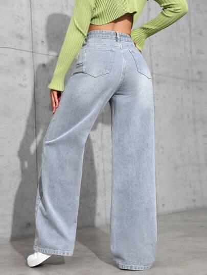SHEIN EZwear بنطلون جينز نسائي بساق عريضة مرن مع جيوب، كاجول