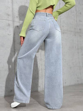SHEIN EZwear بنطلون جينز نسائي بساق عريضة مرن مع جيوب، كاجول