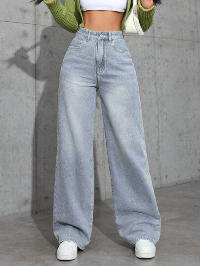 EZwear بنطلون جينز نسائي بساق عريضة مرن مع جيوب، كاجول