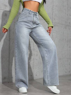 SHEIN EZwear بنطلون جينز نسائي بساق عريضة مرن مع جيوب، كاجول