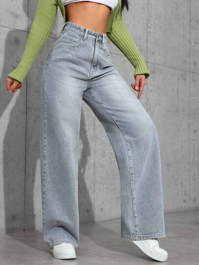 SHEIN EZwear بنطلون جينز نسائي بساق عريضة مرن مع جيوب، كاجول