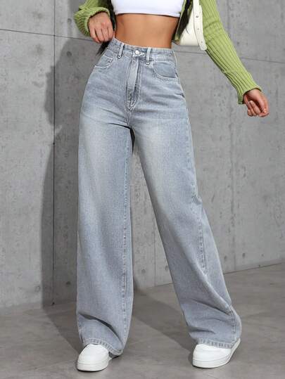 SHEIN Tall سروال جينز نسائي غير رسمي ذو خصر عالي ومستقيم مغسول مع جيوب