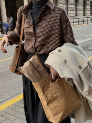 قميص نسائي مريح وكاجوال بنقشة مربعات مع أكمام منسدلة، للخريف، ملابس علوية بأكمام طويلة