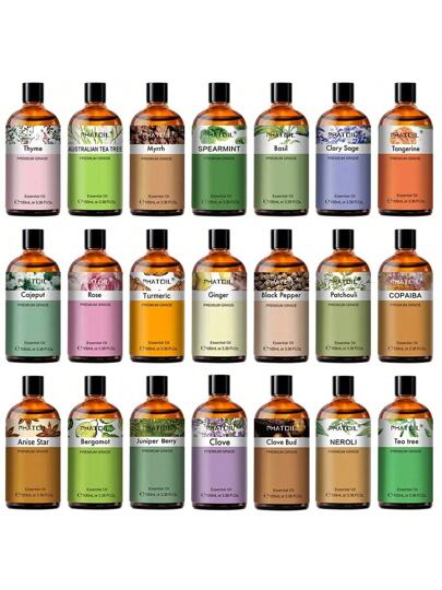 زيوت أساسية حجم 100 مل / 3.38 فل أونصة لأجهزة التشتت والرطوبة والعلاج بالروائح والاستحمام المريح والمساج، اللافندر والياسمين واليوكاليبتوس والفانيليا والنعناع وخشب الصندل و اللبان والبرتقال الحلو و اليلانغ يلانغ والليمون والورد والبرغموت وشجرة الشاي...
