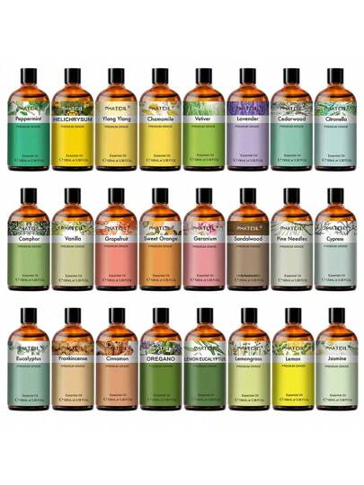 زيوت أساسية حجم 100 مل / 3.38 فل أونصة لأجهزة التشتت والرطوبة والعلاج بالروائح والاستحمام المريح والمساج، اللافندر والياسمين واليوكاليبتوس والفانيليا والنعناع وخشب الصندل و اللبان والبرتقال الحلو و اليلانغ يلانغ والليمون والورد والبرغموت وشجرة الشاي...