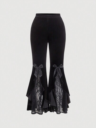 SHEIN MOD بنطلون نسائي مقاس كبير بتصميم كلاسيكي مع قطع من الدانتيل الأسود وفيونكة وأرجل واسعة