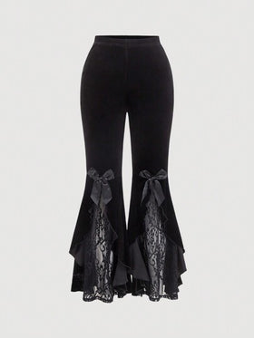 SHEIN MOD بنطلون نسائي مقاس كبير بتصميم كلاسيكي مع قطع من الدانتيل الأسود وفيونكة وأرجل واسعة