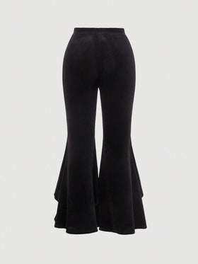 SHEIN MOD بنطلون نسائي مقاس كبير بتصميم كلاسيكي مع قطع من الدانتيل الأسود وفيونكة وأرجل واسعة