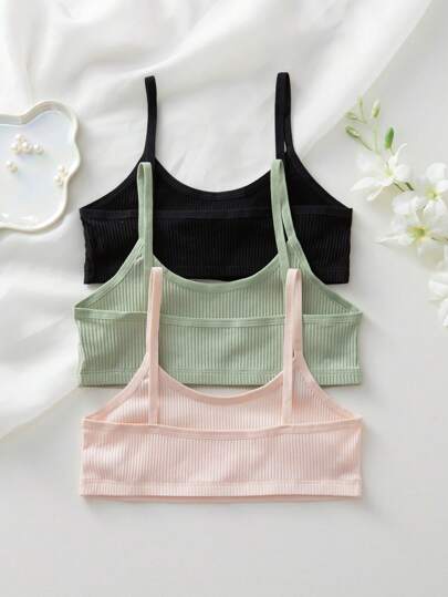 Shein Underwear&Sleepwear Basics مجموعة من 3 قطع بلوزة بلا أكمام بلون سادة وصدرية بدون سلك (لاسلكي) مجموعة متكاملة