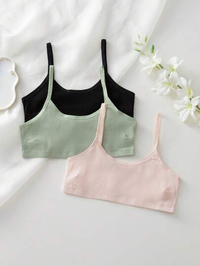 Shein Underwear&Sleepwear Basics مجموعة من 3 قطع بلوزة بلا أكمام بلون سادة وصدرية بدون سلك (لاسلكي) مجموعة متكاملة