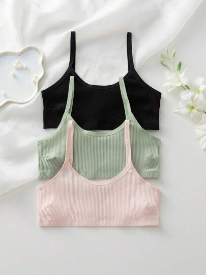 Shein Underwear&Sleepwear Basics مجموعة من 3 قطع بلوزة بلا أكمام بلون سادة وصدرية بدون سلك (لاسلكي) مجموعة متكاملة