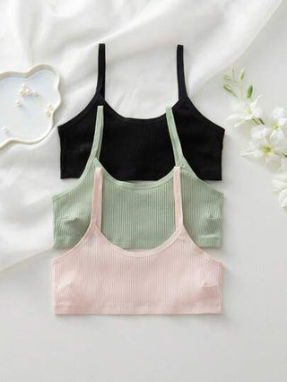Shein Underwear&Sleepwear Basics مجموعة من 3 قطع بلوزة بلا أكمام بلون سادة وصدرية بدون سلك (لاسلكي) مجموعة متكاملة