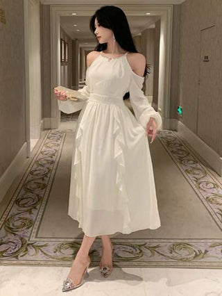 فساتين حريمي Joudiya فستان طويل الأكمام أنيق بياقة مكشكشة وفتحات ملابس علوية مصمم بلون أحادي، مناسب للاحتفال بعيد الميلاد وليلة رأس السنة والحفلات الرسمية