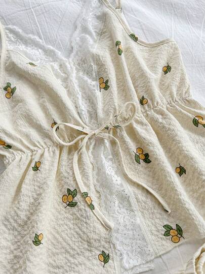 CottageSlumber طقم ملابس نوم للنساء يتكون من ملابس علوية كامي بنقشة زهور وتطريز دانتيل وشورت، مناسب لموسم الصيف والعطلات
