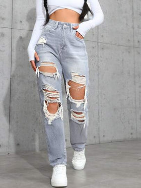 SHEIN ICON جينز كاجوال مغسول مع جيوب وخصر مستقيم فضفاض للنساء