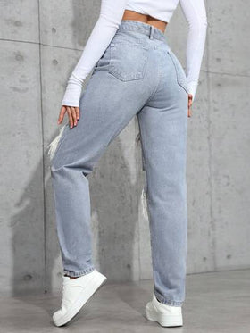 SHEIN ICON جينز كاجوال مغسول مع جيوب وخصر مستقيم فضفاض للنساء