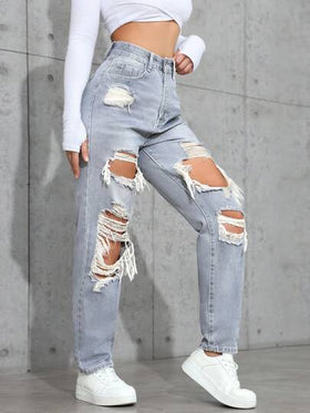 SHEIN ICON جينز كاجوال مغسول مع جيوب وخصر مستقيم فضفاض للنساء