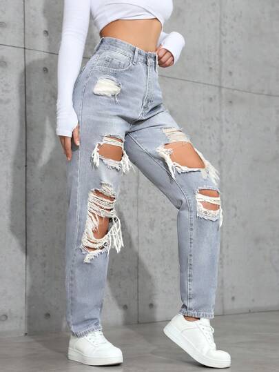 SHEIN ICON جينز كاجوال مغسول مع جيوب وخصر مستقيم فضفاض للنساء