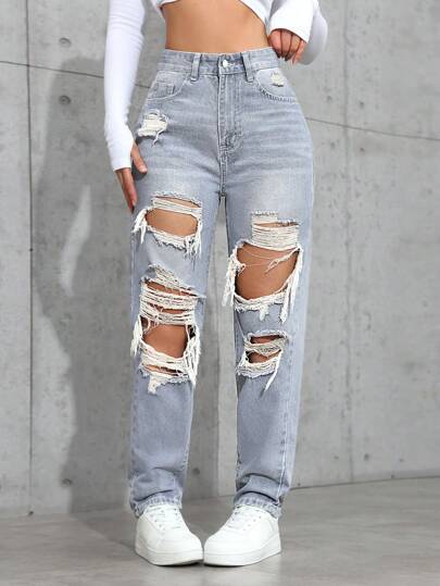 SHEIN ICON جينز كاجوال مغسول مع جيوب وخصر مستقيم فضفاض للنساء