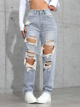 SHEIN ICON جينز كاجوال مغسول مع جيوب وخصر مستقيم فضفاض للنساء